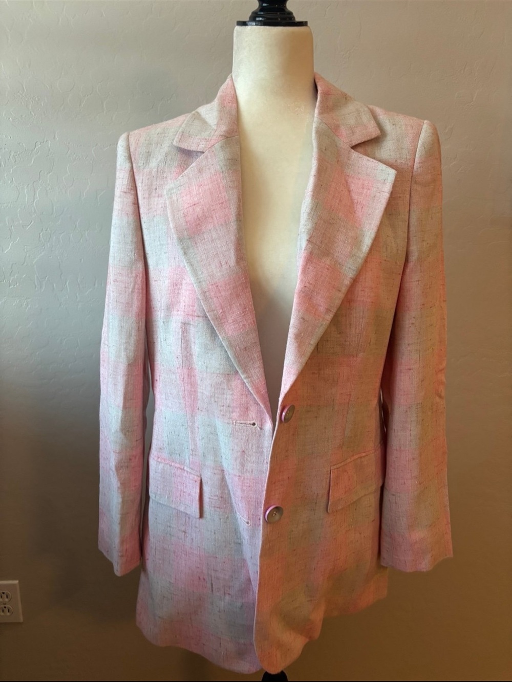 Pastel Pink Checked Long Blazer Jacket - Elegant Tailored Blazer